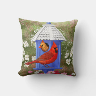 Cardinals and Blue Birdhouse Throw Pillow