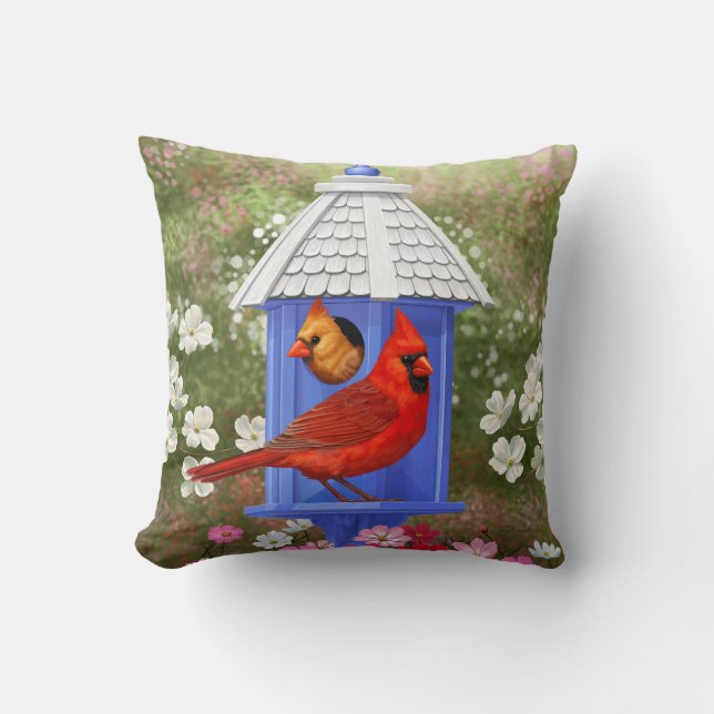 Cardinals and Blue Birdhouse Throw Pillow (Front)