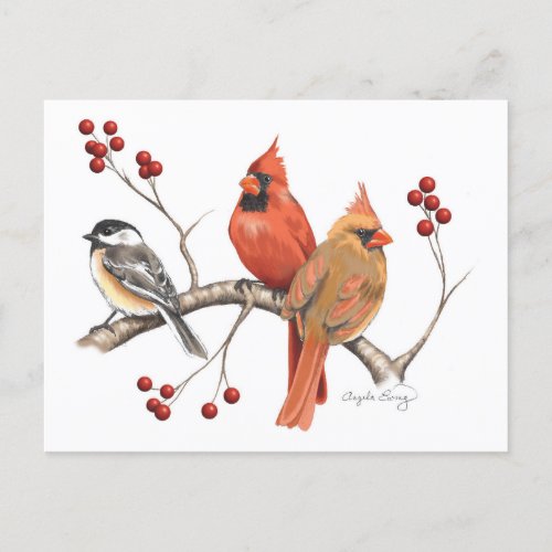 Cardinals and Chickadee with Red Berries Holiday Postcard