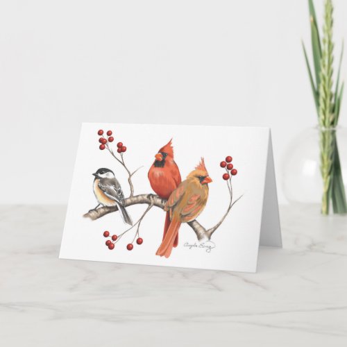 Cardinals and Chickadee with Winter Berries Card