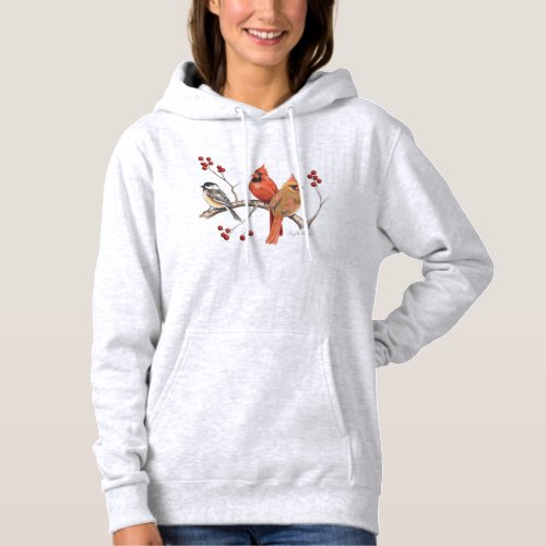 Cardinals and Chickadee with Winter Berries Hoodie