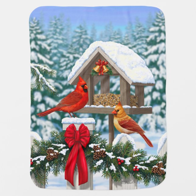 Cardinals and Christmas Bird Feeder Baby Blanket (Front)