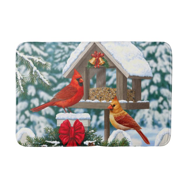 Cardinals and Christmas Bird Feeder Bath Mat (Front)