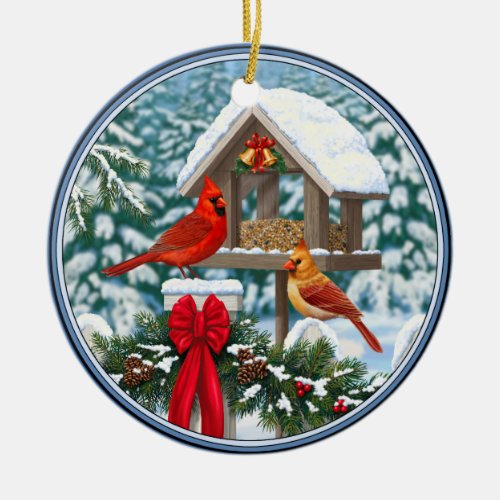 Cardinals and Christmas Bird Feeder Ceramic Ornament