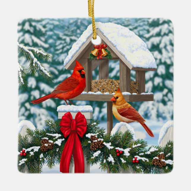 Cardinals and Christmas Bird Feeder Ceramic Ornament (Front)