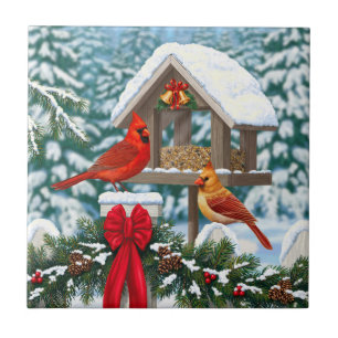 Cardinals and Christmas Bird Feeder Ceramic Tile