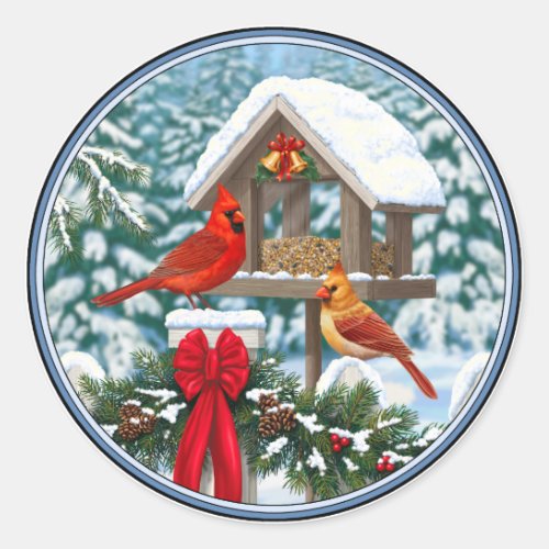 Cardinals and Christmas Bird Feeder Classic Round Sticker