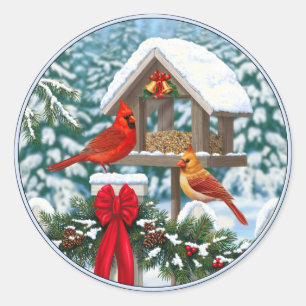 Cardinals and Christmas Bird Feeder Classic Round Sticker