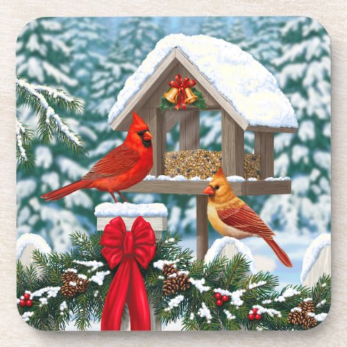 Cardinals and Christmas Bird Feeder Drink Coaster