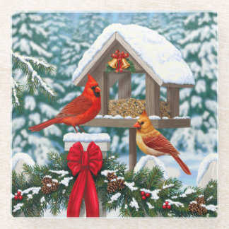 Cardinals and Christmas Bird Feeder Glass Coaster