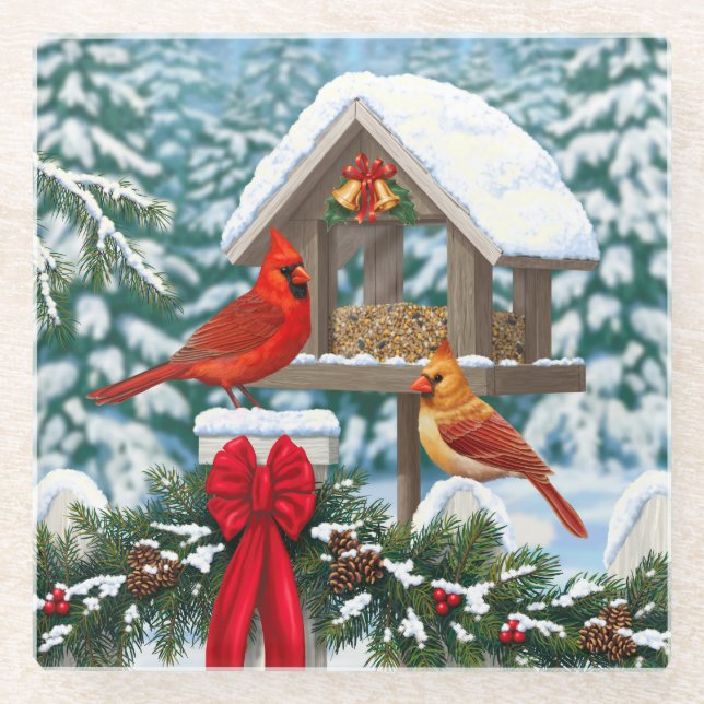 Cardinals and Christmas Bird Feeder Glass Coaster (Front)