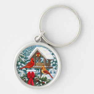Cardinals and Christmas Bird Feeder Keychain