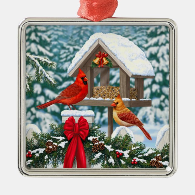 Cardinals and Christmas Bird Feeder Metal Ornament (Front)
