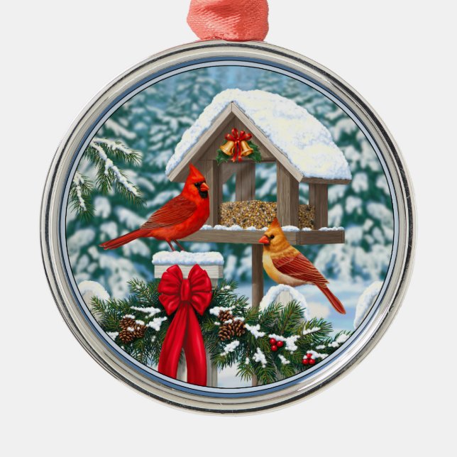 Cardinals and Christmas Bird Feeder Metal Ornament (Front)