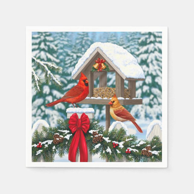 Cardinals and Christmas Bird Feeder Paper Napkins (Front)