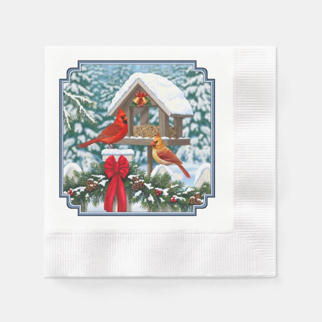 Cardinals and Christmas Bird Feeder Paper Napkins (Front)