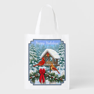 Cardinals and Christmas Bird Feeder Reusable Grocery Bag