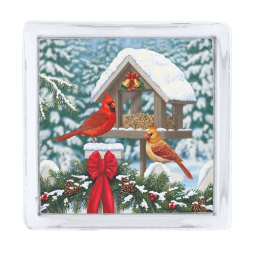Cardinals and Christmas Bird Feeder Silver Finish Lapel Pin