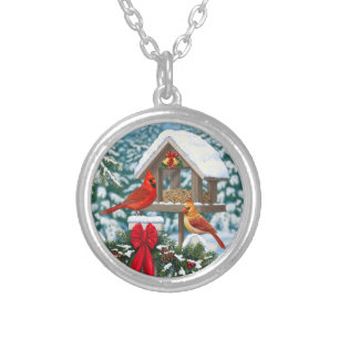 Cardinals and Christmas Bird Feeder Silver Plated Necklace