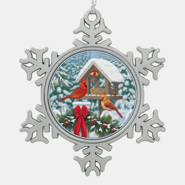 Cardinals and Christmas Bird Feeder Snowflake Pewter Christmas Ornament (Front)