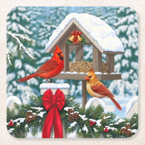 Cardinals and Christmas Bird Feeder Square Paper Coaster