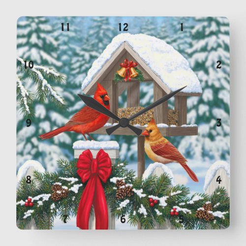 Cardinals and Christmas Bird Feeder Square Wall Clock