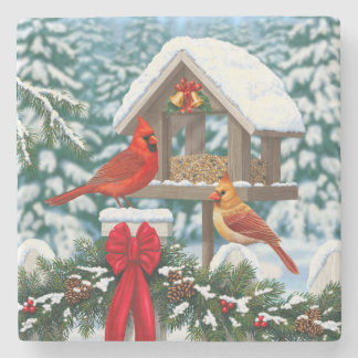 Cardinals and Christmas Bird Feeder Stone Coaster
