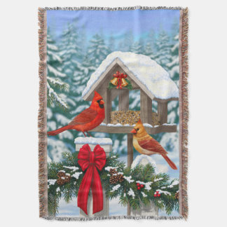 Cardinals and Christmas Bird Feeder Throw Blanket