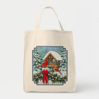 Cardinals and Christmas Bird Feeder Tote Bag