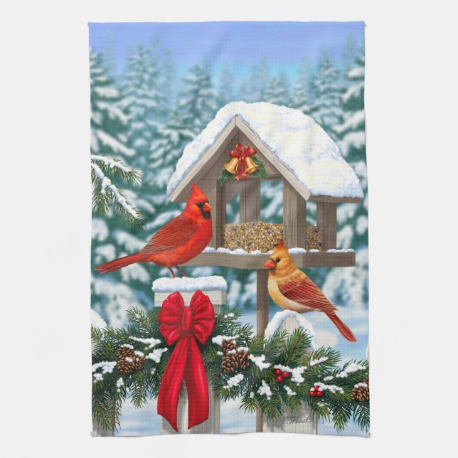 Cardinals and Christmas Bird Feeder Towel (Vertical)