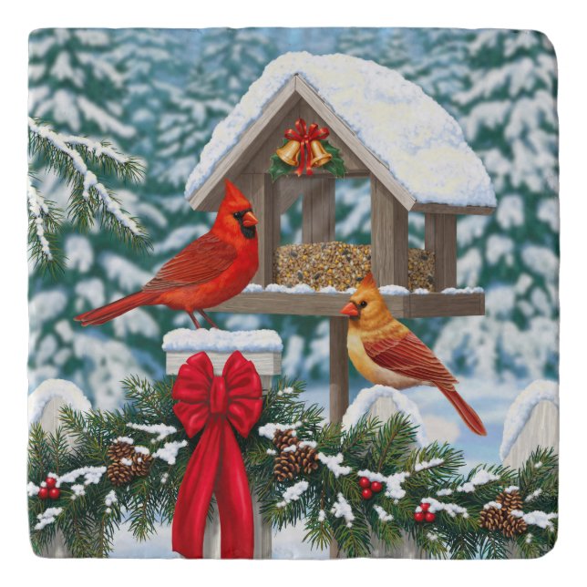 Cardinals and Christmas Bird Feeder Trivet (Front)