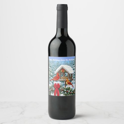 Cardinals and Christmas Bird Feeder Wine Label