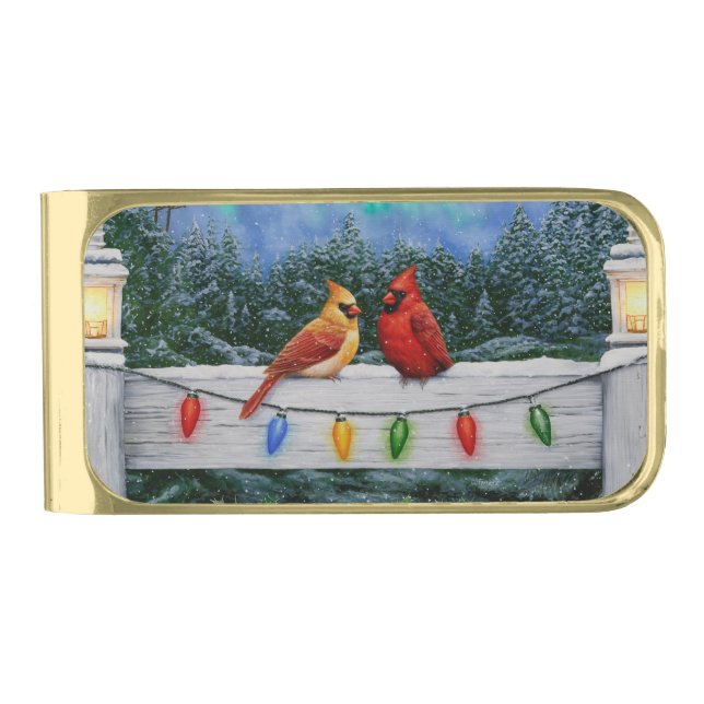 Cardinals and Christmas Lights Gold Finish Money Clip (Front)