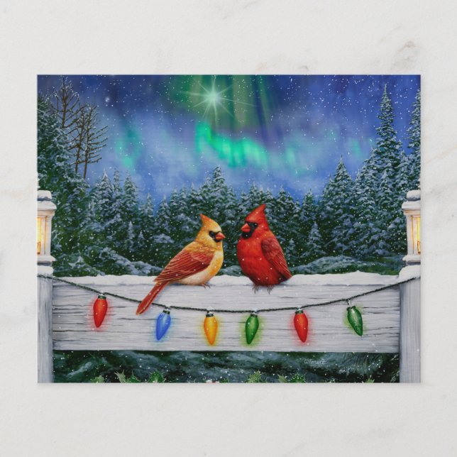 Cardinals and Christmas Lights Winter Snow (Front)