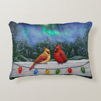 Cardinals and Christmas Lights Winter Snow Accent Pillow