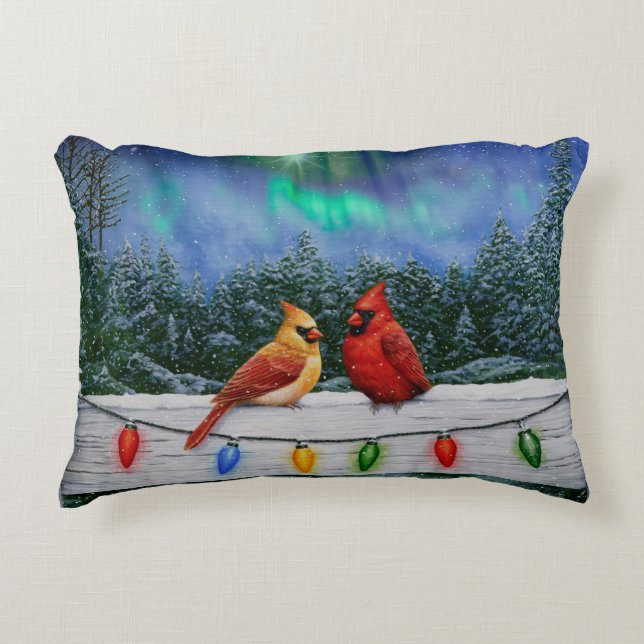 Cardinals and Christmas Lights Winter Snow Accent Pillow (Front)