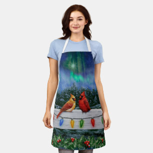 Cardinals and Christmas Lights Winter Snow Apron