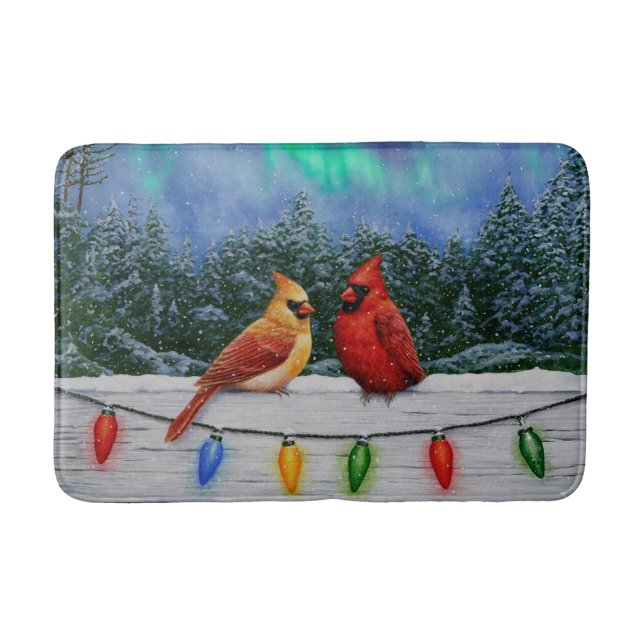 Cardinals and Christmas Lights Winter Snow Bath Mat (Front)