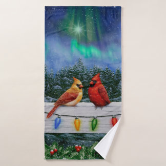 Cardinals and Christmas Lights Winter Snow Bath Towel