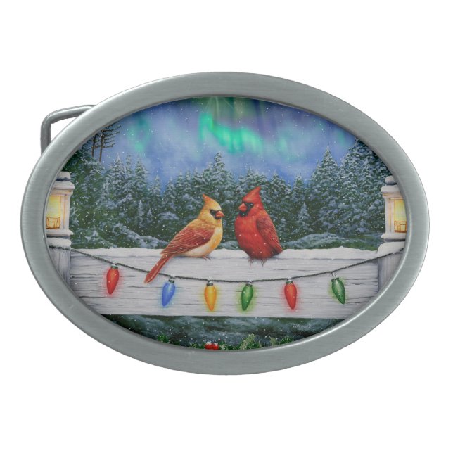 Cardinals and Christmas Lights Winter Snow Belt Buckle (Front)