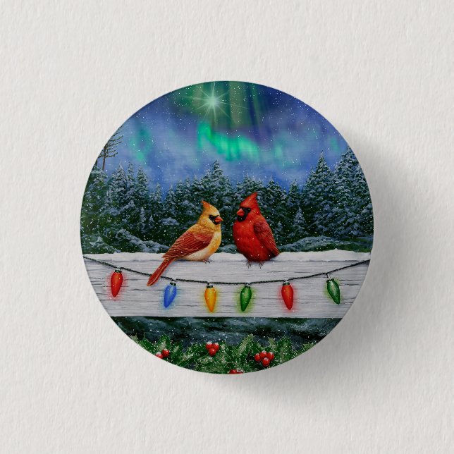 Cardinals and Christmas Lights Winter Snow Button (Front)