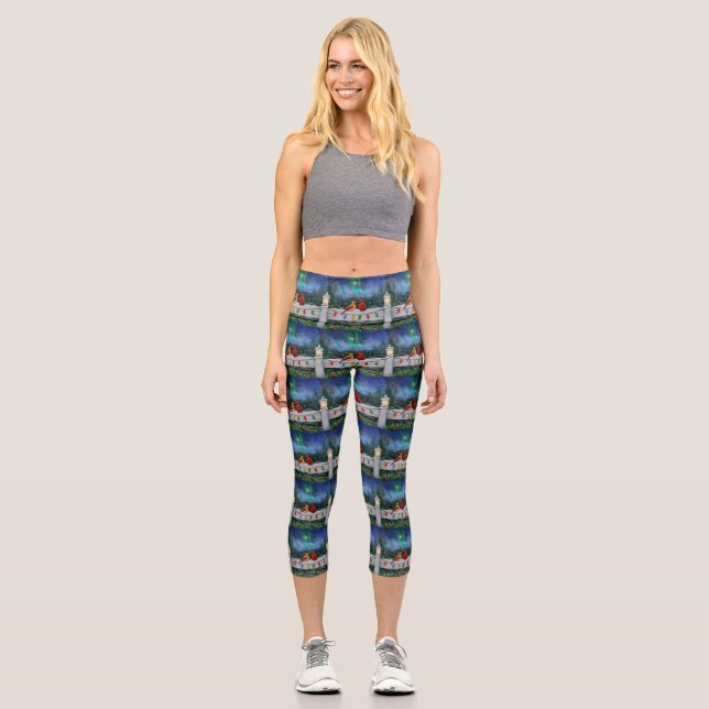 Cardinals and Christmas Lights Winter Snow Capri Leggings (Front)