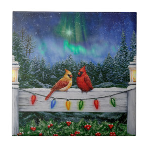Cardinals and Christmas Lights Winter Snow Ceramic Tile