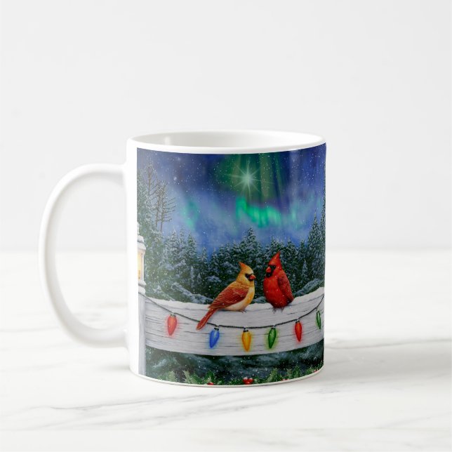 Cardinals and Christmas Lights Winter Snow Coffee Mug (Left)