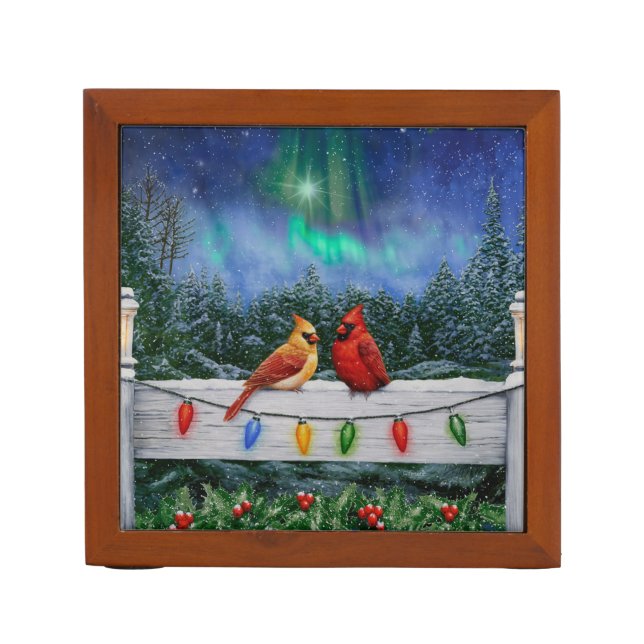 Cardinals and Christmas Lights Winter Snow Desk Organizer (Front)