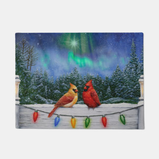 Cardinals and Christmas Lights Winter Snow Doormat