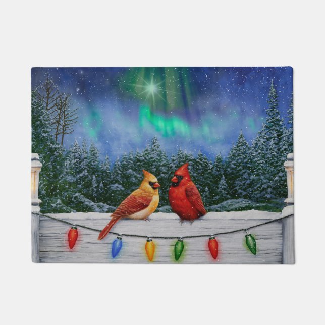 Cardinals and Christmas Lights Winter Snow Doormat (Front)