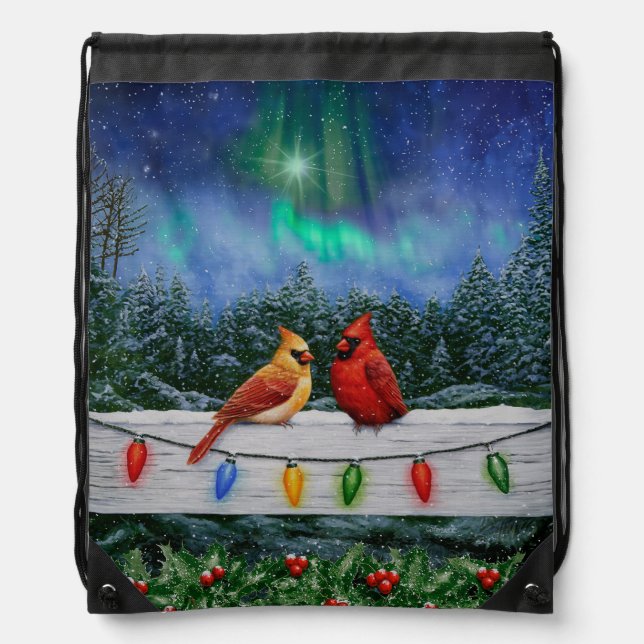 Cardinals and Christmas Lights Winter Snow Drawstring Bag (Front)