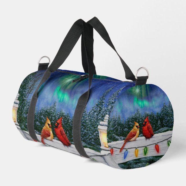 Cardinals and Christmas Lights Winter Snow Duffle Bag (Left Corner)