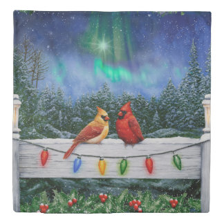 Cardinals and Christmas Lights Winter Snow Duvet Cover
